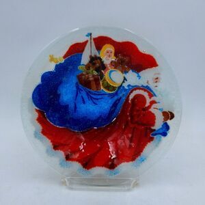 Peggy Karr Father Christmas Fused Glass 8 1/2 Inch Bowl Santa Sack Of Toys